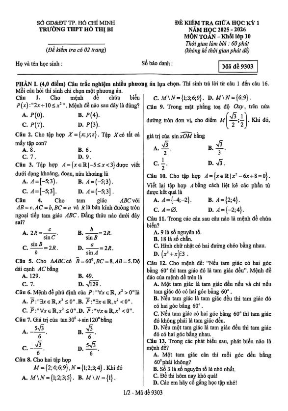 đề giữa học kỳ 1 toán 10 năm 2025 – 2026 trường thpt hồ thị bi – tp hcm
