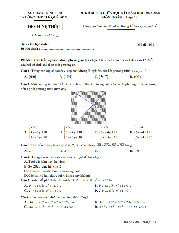 đề giữa học kỳ 1 toán 10 năm 2025 – 2026 trường thpt lê quý đôn – ninh bình