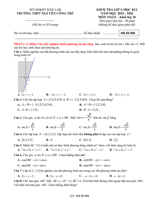 đề giữa học kỳ 1 toán 10 năm 2025 – 2026 trường thpt nguyễn công trứ – đắk lắk