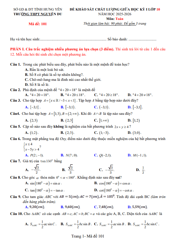 đề giữa học kỳ 1 toán 10 năm 2025 – 2026 trường thpt nguyễn du – hưng yên