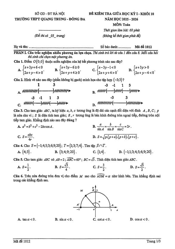 đề giữa học kỳ 1 toán 10 năm 2025 – 2026 trường thpt quang trung – hà nội