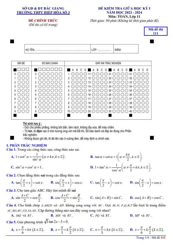 đề giữa học kỳ 1 toán 11 năm 2023 – 2024 trường thpt hiệp hòa 3 – bắc giang