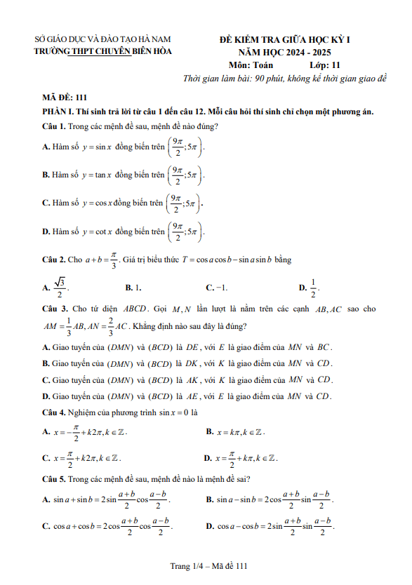 đề giữa học kỳ 1 toán 11 năm 2024 – 2025 trường chuyên biên hòa – hà nam