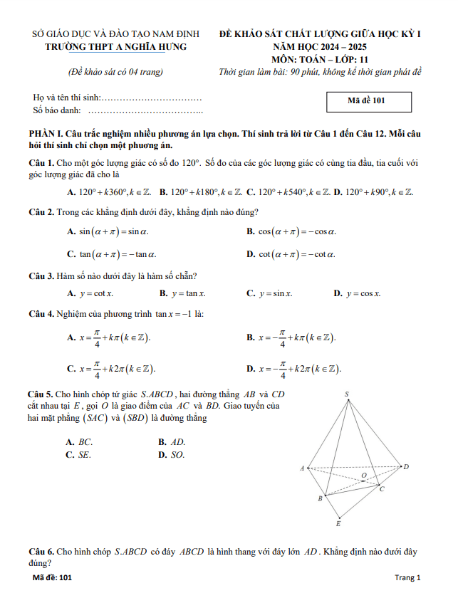 đề giữa học kỳ 1 toán 11 năm 2024 – 2025 trường thpt a nghĩa hưng – nam định