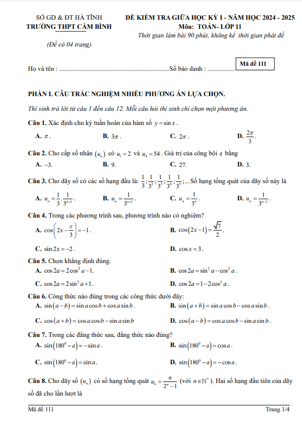 đề giữa học kỳ 1 toán 11 năm 2024 – 2025 trường thpt cẩm bình – hà tĩnh