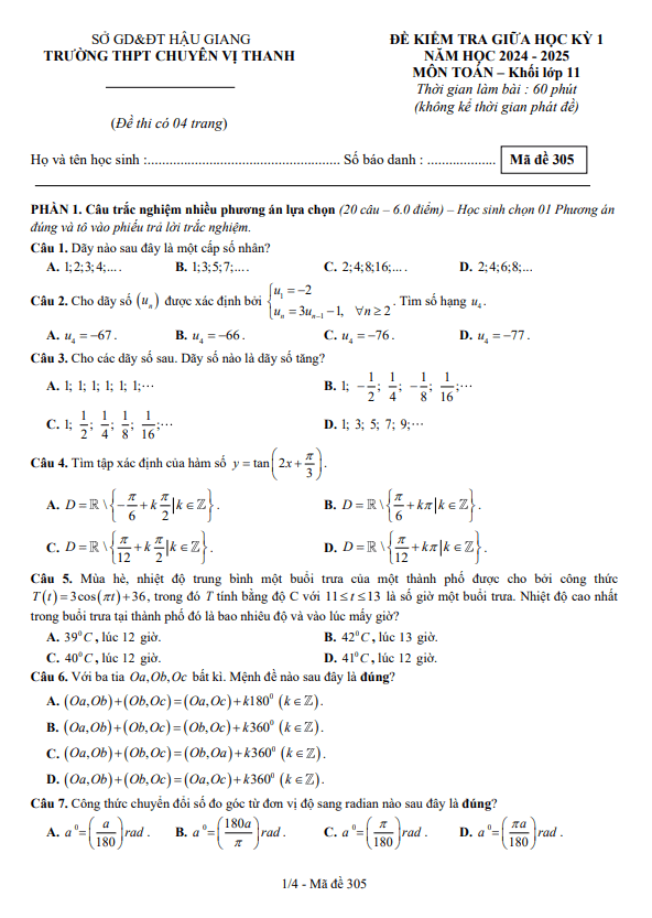 đề giữa học kỳ 1 toán 11 năm 2024 – 2025 trường thpt chuyên vị thanh – hậu giang
