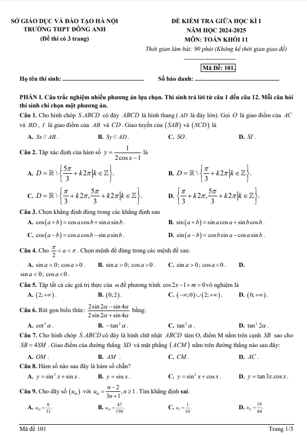 đề giữa học kỳ 1 toán 11 năm 2024 – 2025 trường thpt đông anh – hà nội