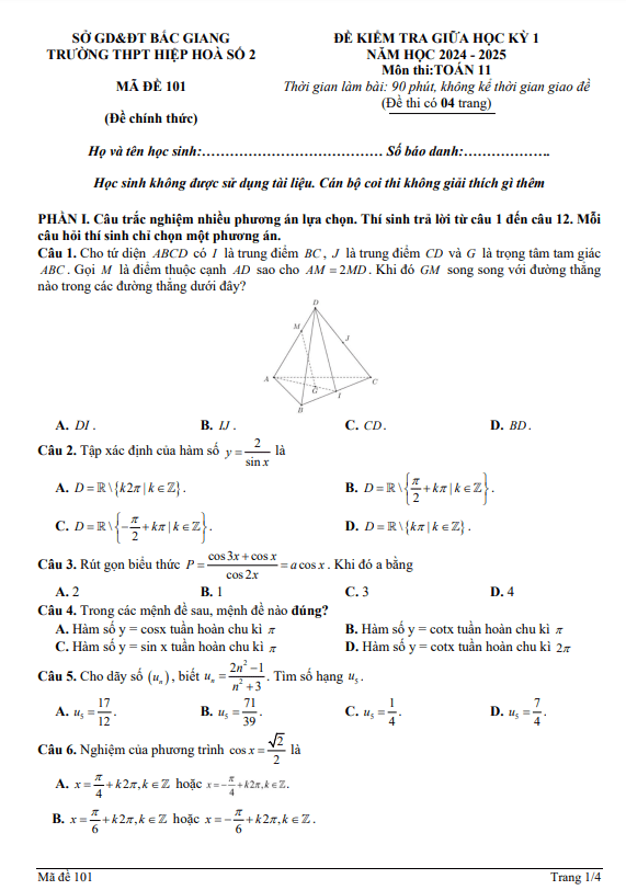 đề giữa học kỳ 1 toán 11 năm 2024 – 2025 trường thpt hiệp hòa 2 – bắc giang