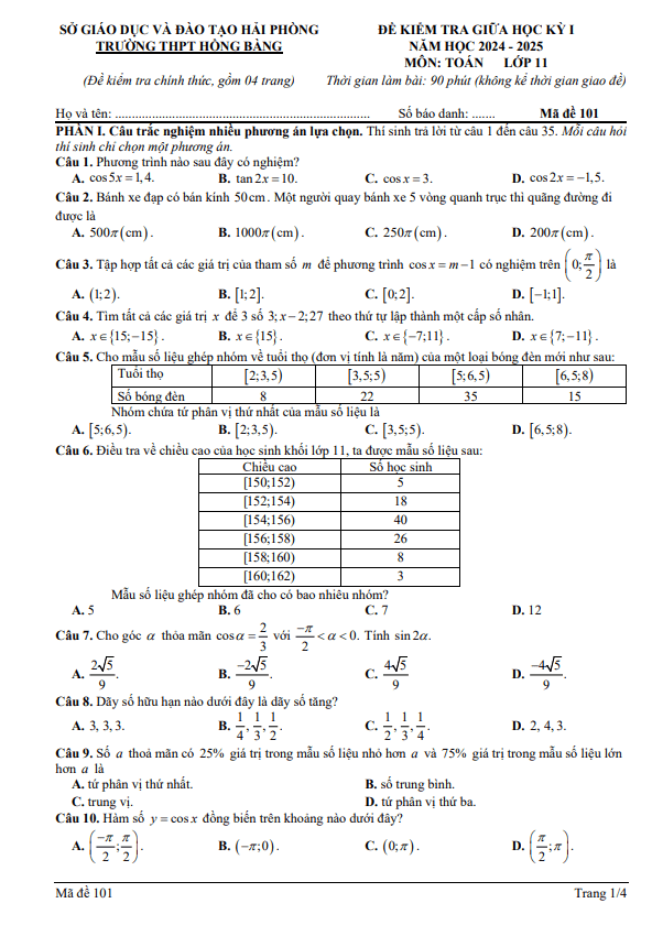 đề giữa học kỳ 1 toán 11 năm 2024 – 2025 trường thpt hồng bàng – hải phòng