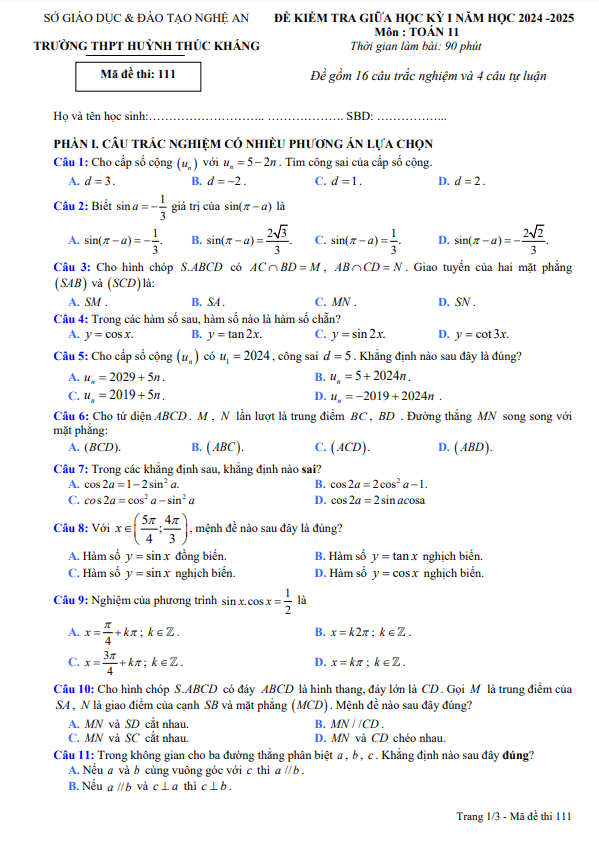 đề giữa học kỳ 1 toán 11 năm 2024 – 2025 trường thpt huỳnh thúc kháng – nghệ an