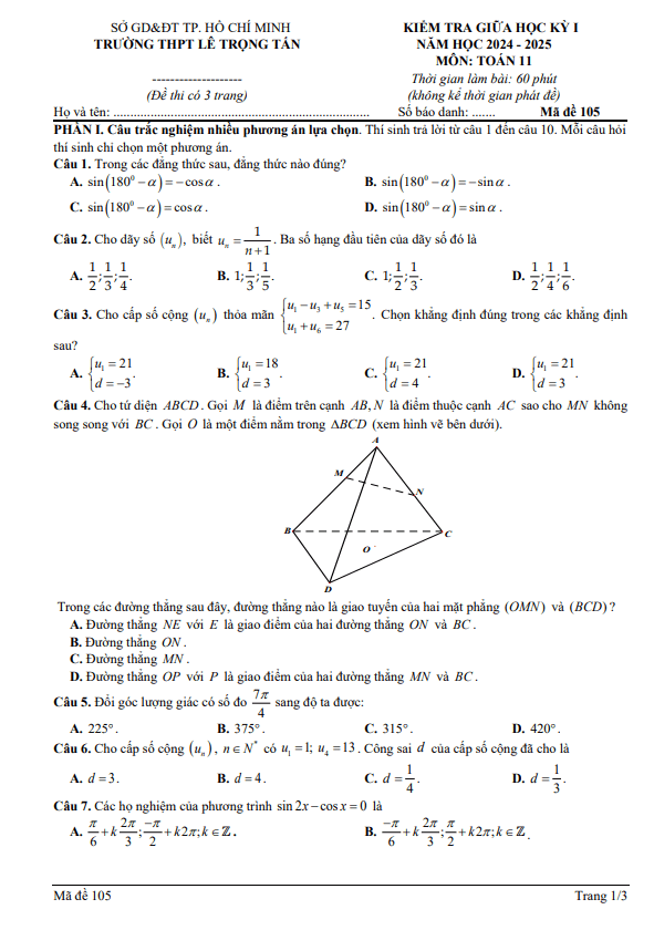 đề giữa học kỳ 1 toán 11 năm 2024 – 2025 trường thpt lê trọng tấn – tp hcm