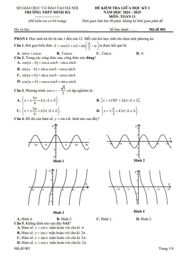 đề giữa học kỳ 1 toán 11 năm 2024 – 2025 trường thpt minh hà – hà nội