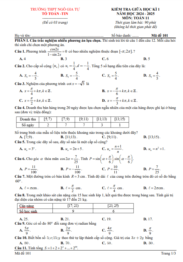 đề giữa học kỳ 1 toán 11 năm 2024 – 2025 trường thpt ngô gia tự – đắk lắk