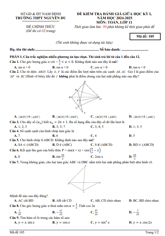 đề giữa học kỳ 1 toán 11 năm 2024 – 2025 trường thpt nguyễn du – nam định