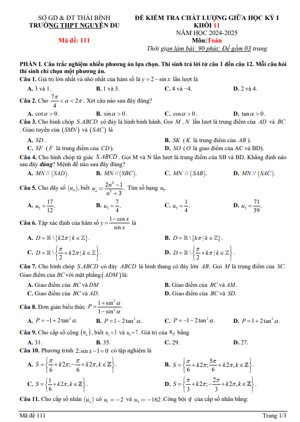 đề giữa học kỳ 1 toán 11 năm 2024 – 2025 trường thpt nguyễn du – thái bình