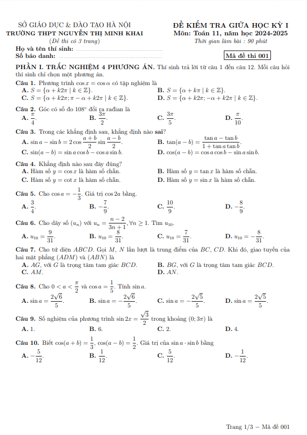 đề giữa học kỳ 1 toán 11 năm 2024 – 2025 trường thpt nguyễn thị minh khai – hà nội