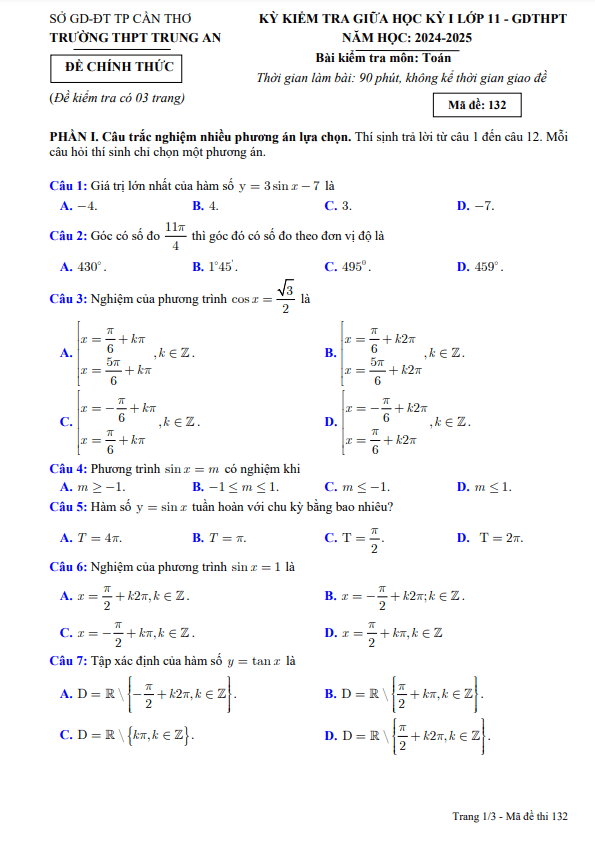 đề giữa học kỳ 1 toán 11 năm 2024 – 2025 trường thpt trung an – cần thơ