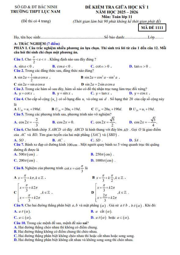 đề giữa học kỳ 1 toán 11 năm 2025 – 2026 trường thpt lục nam – bắc ninh