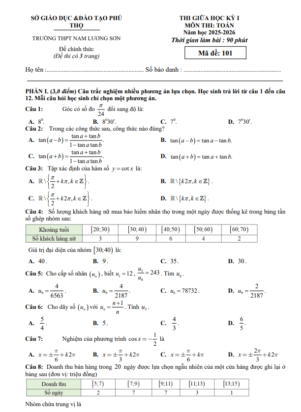 đề giữa học kỳ 1 toán 11 năm 2025 – 2026 trường thpt nam lương sơn – phú thọ