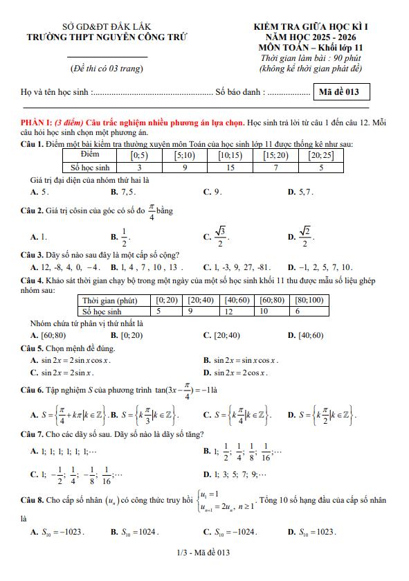 đề giữa học kỳ 1 toán 11 năm 2025 – 2026 trường thpt nguyễn công trứ – đắk lắk