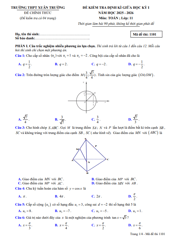 đề giữa học kỳ 1 toán 11 năm 2025 – 2026 trường thpt xuân trường – ninh bình