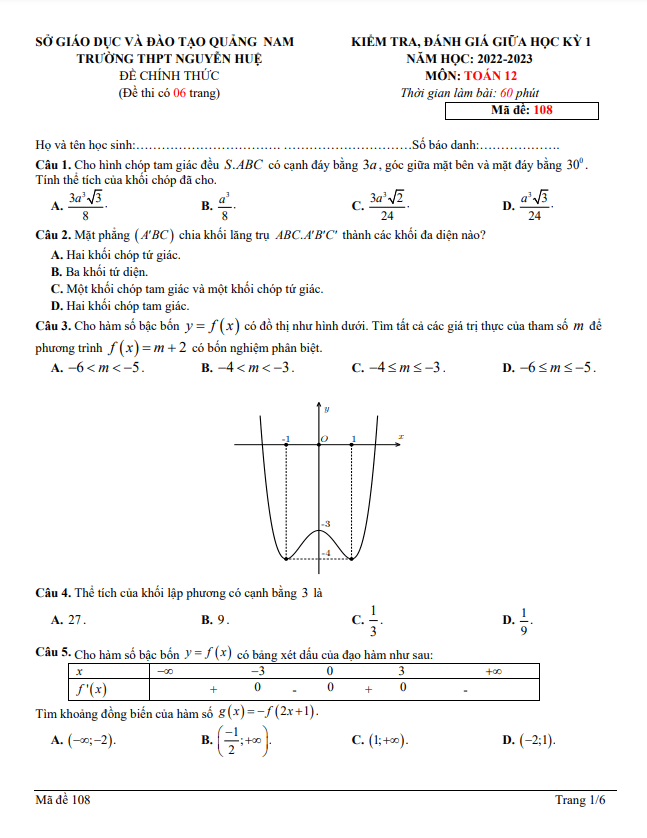 đề giữa học kỳ 1 toán 12 năm 2022 – 2023 trường thpt nguyễn huệ – quảng nam