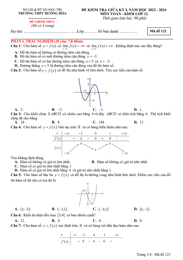 đề giữa học kỳ 1 toán 12 năm 2023 – 2024 trường thpt hướng hóa – quảng trị