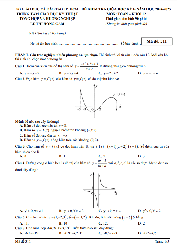 đề giữa học kỳ 1 toán 12 năm 2024 – 2025 trung tâm lê thị hồng gấm – tp hcm