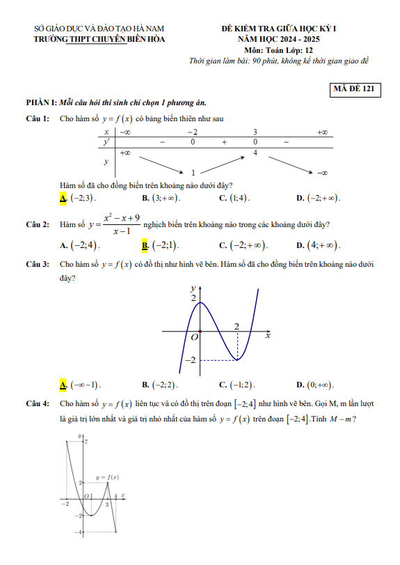 đề giữa học kỳ 1 toán 12 năm 2024 – 2025 trường chuyên biên hòa – hà nam