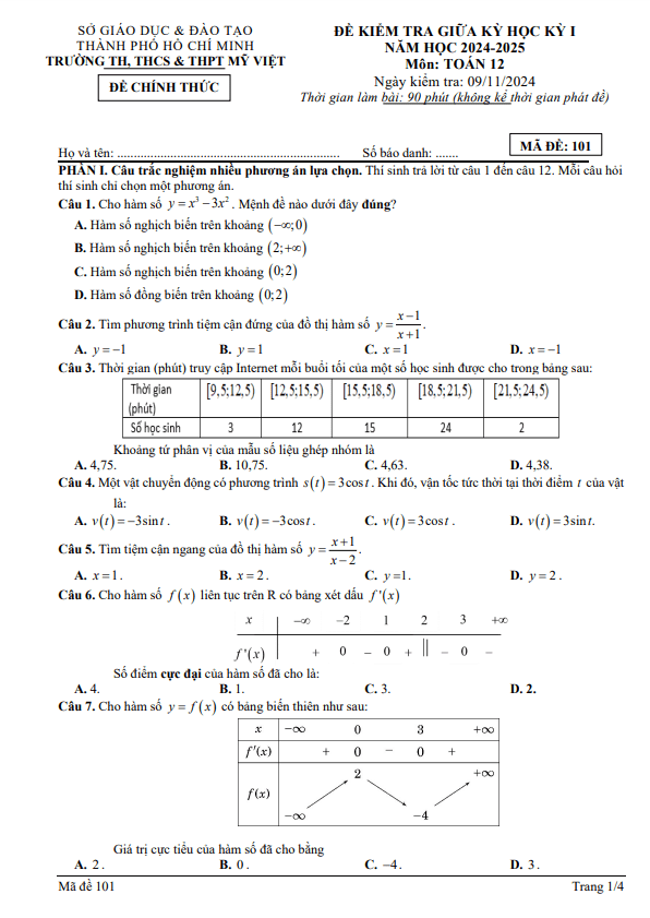 đề giữa học kỳ 1 toán 12 năm 2024 – 2025 trường mỹ việt – tp hcm
