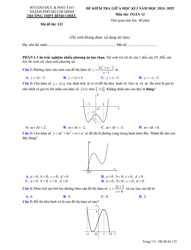 đề giữa học kỳ 1 toán 12 năm 2024 – 2025 trường thpt bình chiểu – tp hcm