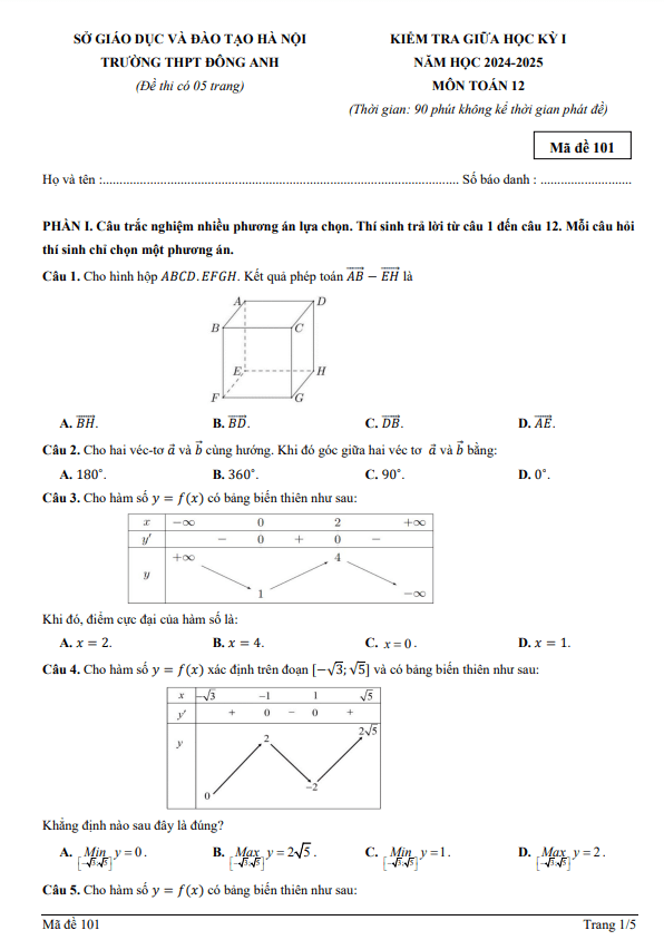 đề giữa học kỳ 1 toán 12 năm 2024 – 2025 trường thpt đông anh – hà nội