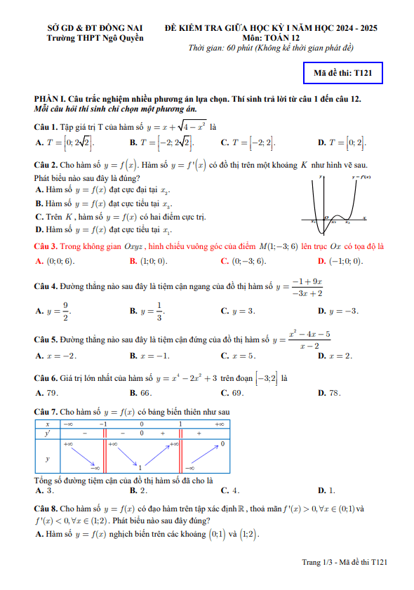 đề giữa học kỳ 1 toán 12 năm 2024 – 2025 trường thpt ngô quyền – đồng nai