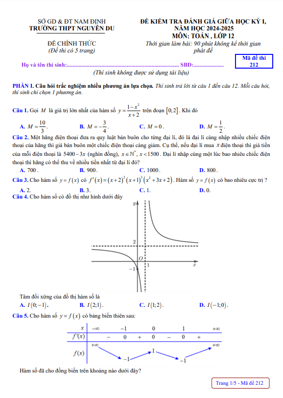 đề giữa học kỳ 1 toán 12 năm 2024 – 2025 trường thpt nguyễn du – nam định
