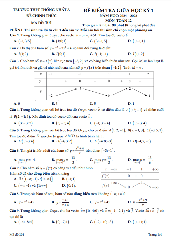 đề giữa học kỳ 1 toán 12 năm 2024 – 2025 trường thpt thống nhất a – đồng nai