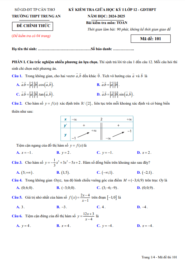 đề giữa học kỳ 1 toán 12 năm 2024 – 2025 trường thpt trung an – cần thơ