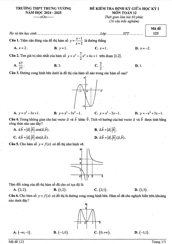 đề giữa học kỳ 1 toán 12 năm 2024 – 2025 trường thpt trưng vương – tp hcm