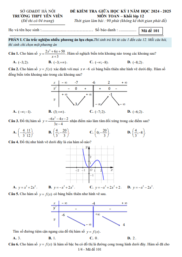 đề giữa học kỳ 1 toán 12 năm 2024 – 2025 trường thpt yên viên – hà nội