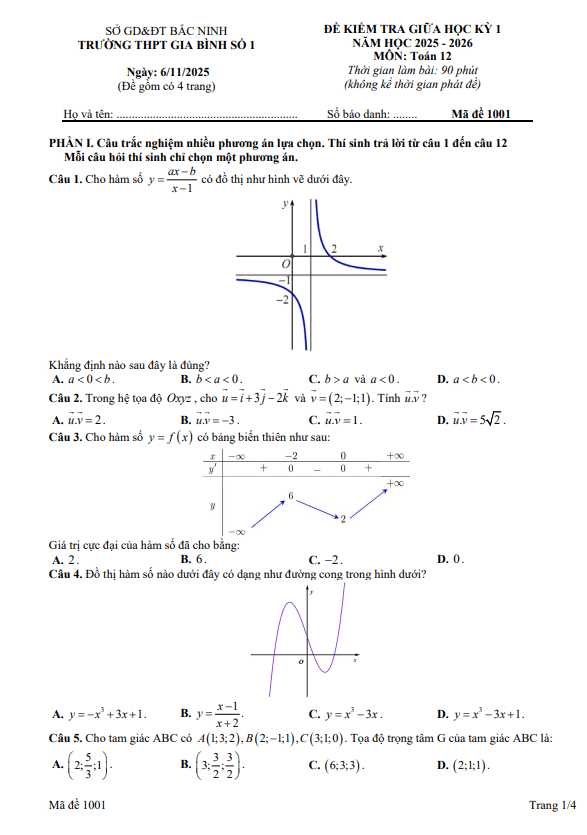 đề giữa học kỳ 1 toán 12 năm 2025 – 2026 trường thpt gia bình 1 – bắc ninh