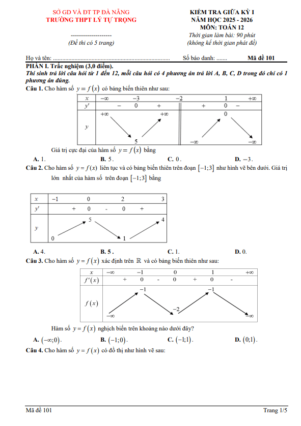 đề giữa học kỳ 1 toán 12 năm 2025 – 2026 trường thpt lý tự trọng – đà nẵng