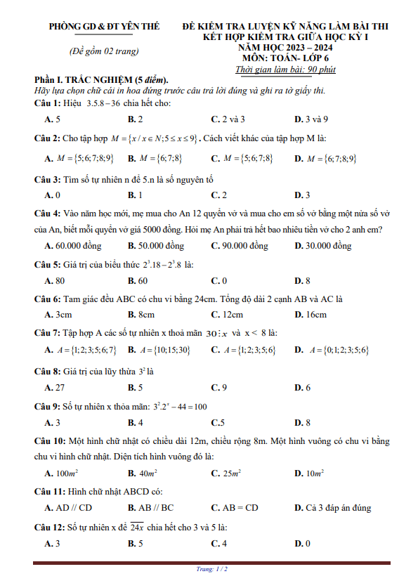 đề giữa học kỳ 1 toán 6 năm 2023 – 2024 phòng gd&đt yên thế – bắc giang