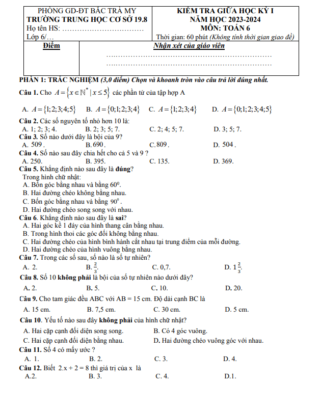 đề giữa học kỳ 1 toán 6 năm 2023 – 2024 trường thcs 19.8 – quảng nam