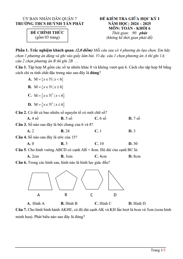 đề giữa học kỳ 1 toán 6 năm 2024 – 2025 trường thcs huỳnh tấn phát – tp hcm