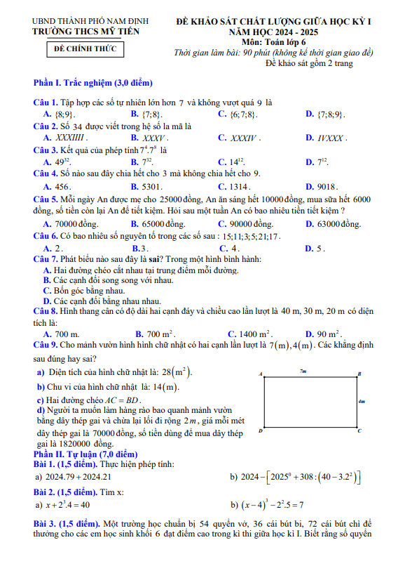 đề giữa học kỳ 1 toán 6 năm 2024 – 2025 trường thcs mỹ tiến – nam định