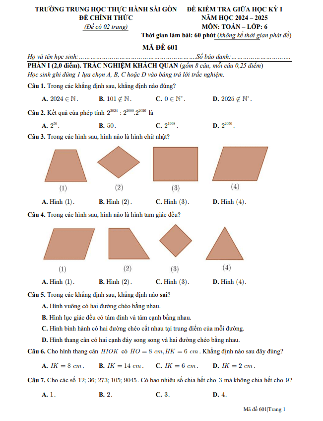 đề giữa học kỳ 1 toán 6 năm 2024 – 2025 trường thực hành sài gòn – tp hcm