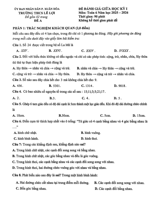 đề giữa học kỳ 1 toán 6 năm 2025 – 2026 trường thcs lê lợi – tp hcm