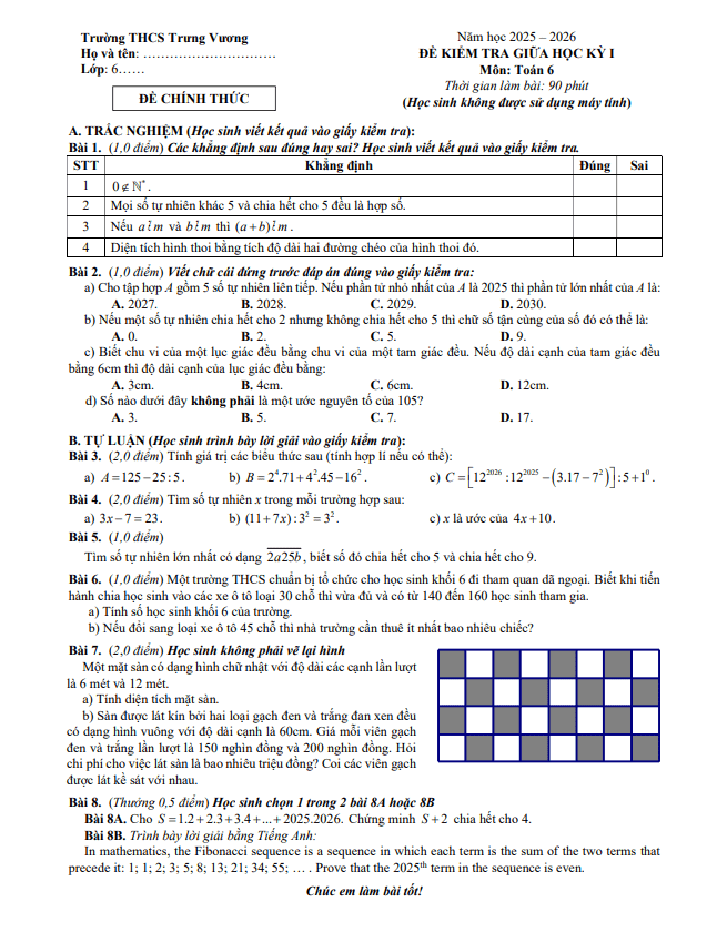 đề giữa học kỳ 1 toán 6 năm 2025 – 2026 trường thcs trưng vương – hà nội