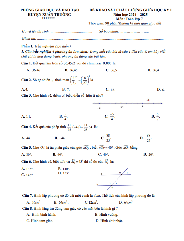 đề giữa học kỳ 1 toán 7 năm 2024 – 2025 phòng gd&đt xuân trường – nam định