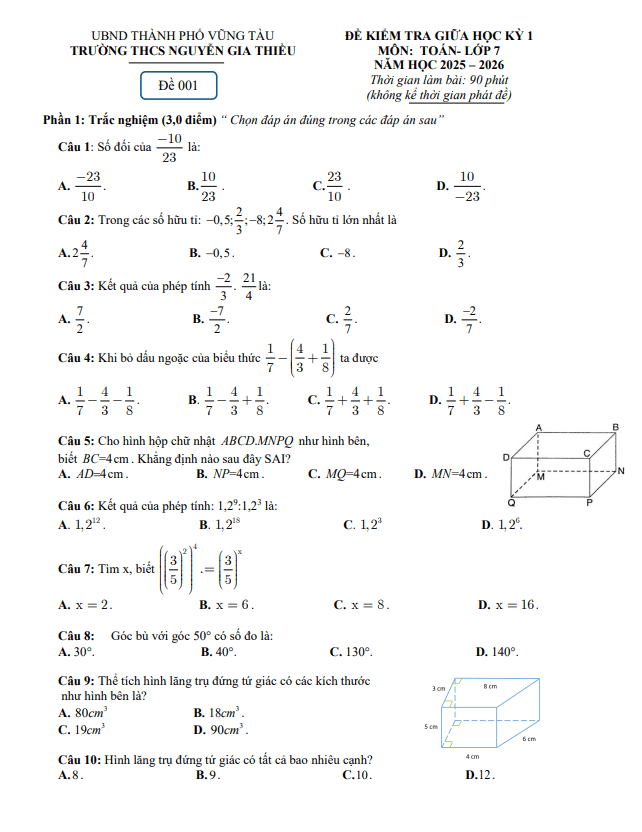 đề giữa học kỳ 1 toán 7 năm 2025 – 2026 trường thcs nguyễn gia thiều – tp hcm