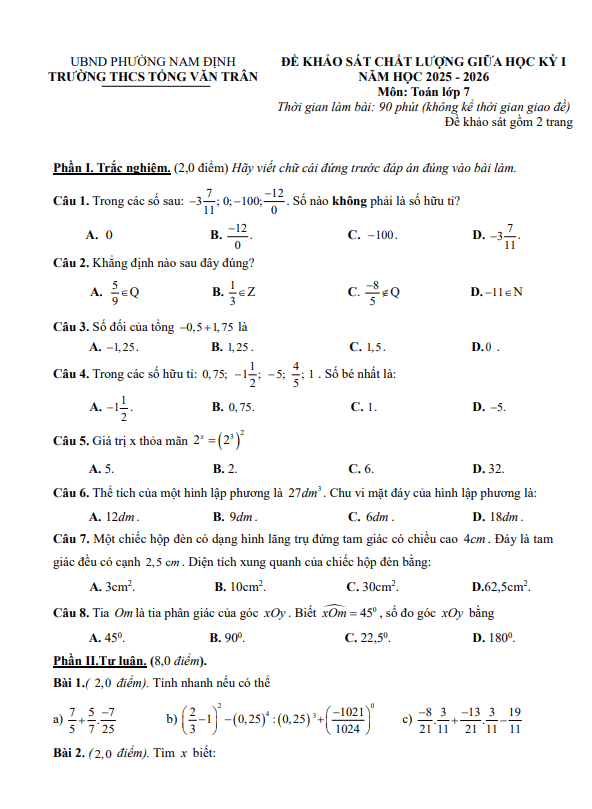 đề giữa học kỳ 1 toán 7 năm 2025 – 2026 trường thcs tống văn trân – ninh bình